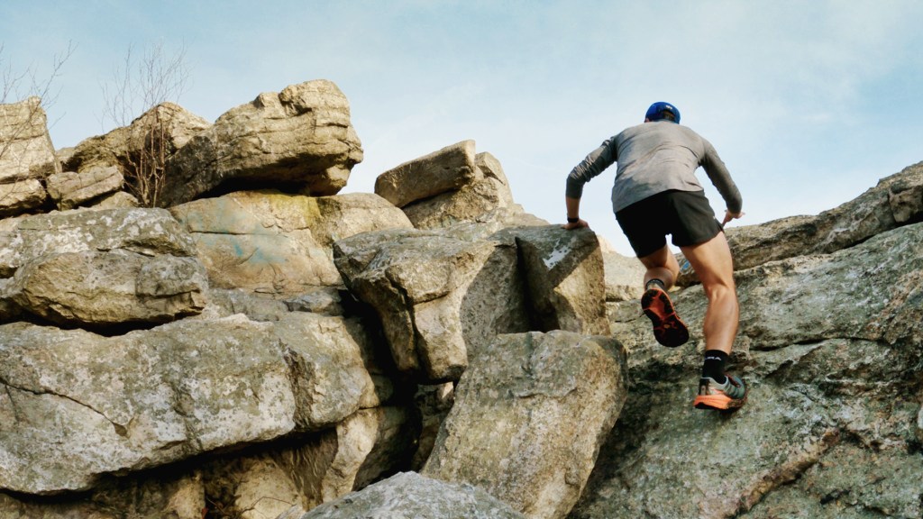 Climbing the rock scramble to the top of Bear Rocks